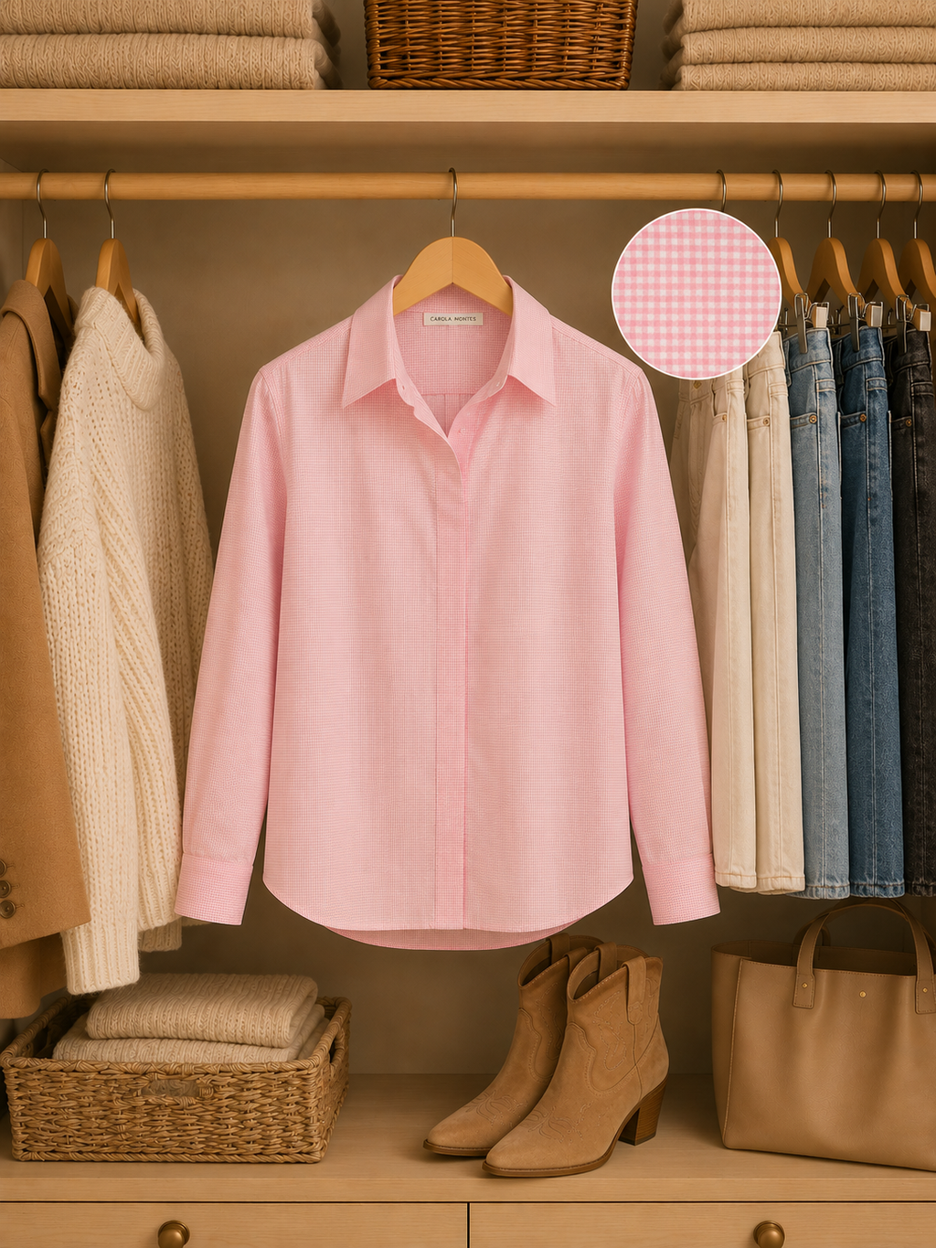 Blusa Nativa Cuadrillé Rosada — Algodón Pima Premium | Carola Montes