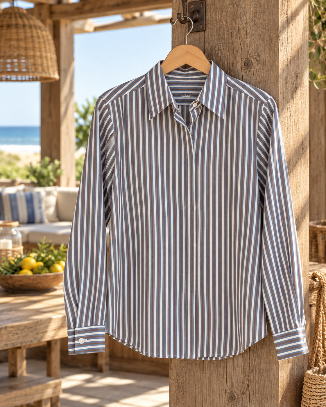 Blusa Nativa Celeste Café línea gruesa